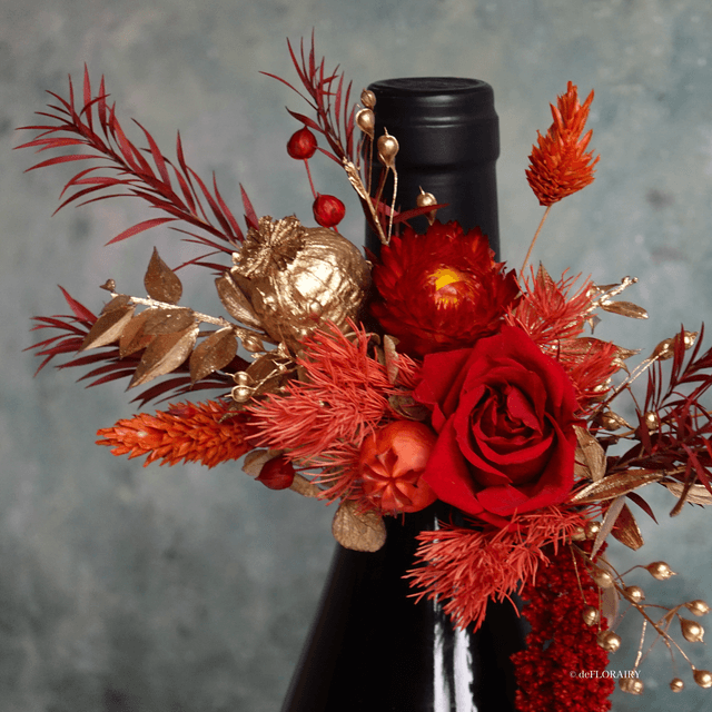Golden Red Bottle Bouquet | Wine Decoration | Celebration | Wine Gifts