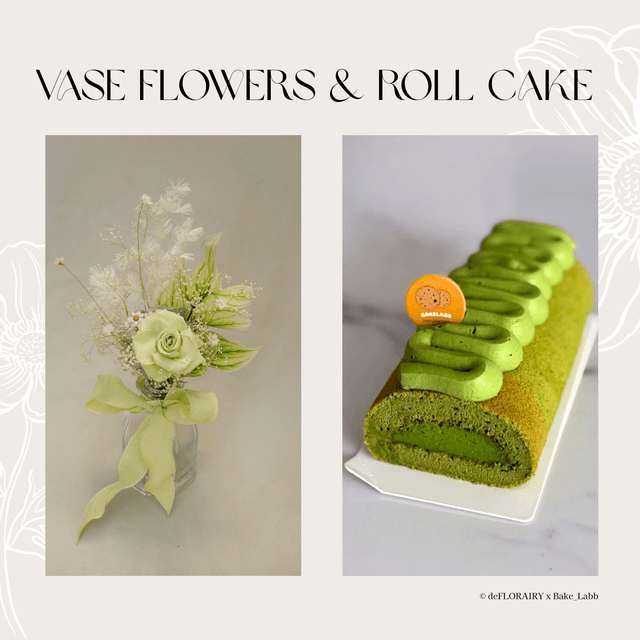 Rose: Ivory Lime Flower in Vase &amp; Roll Cake | Direct Home Delivery | 4 Days in Advance