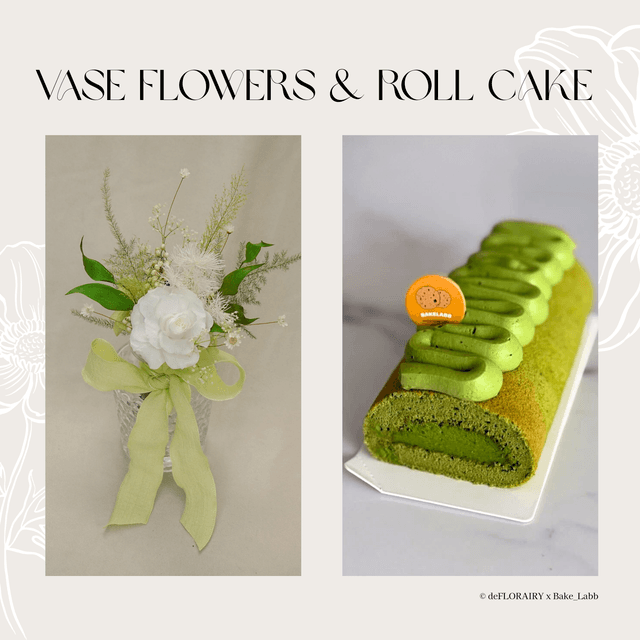 Rose: Pearl Gleam Flower in Vase &amp; Roll Cake | Direct Home Delivery | 4 Days in Advance